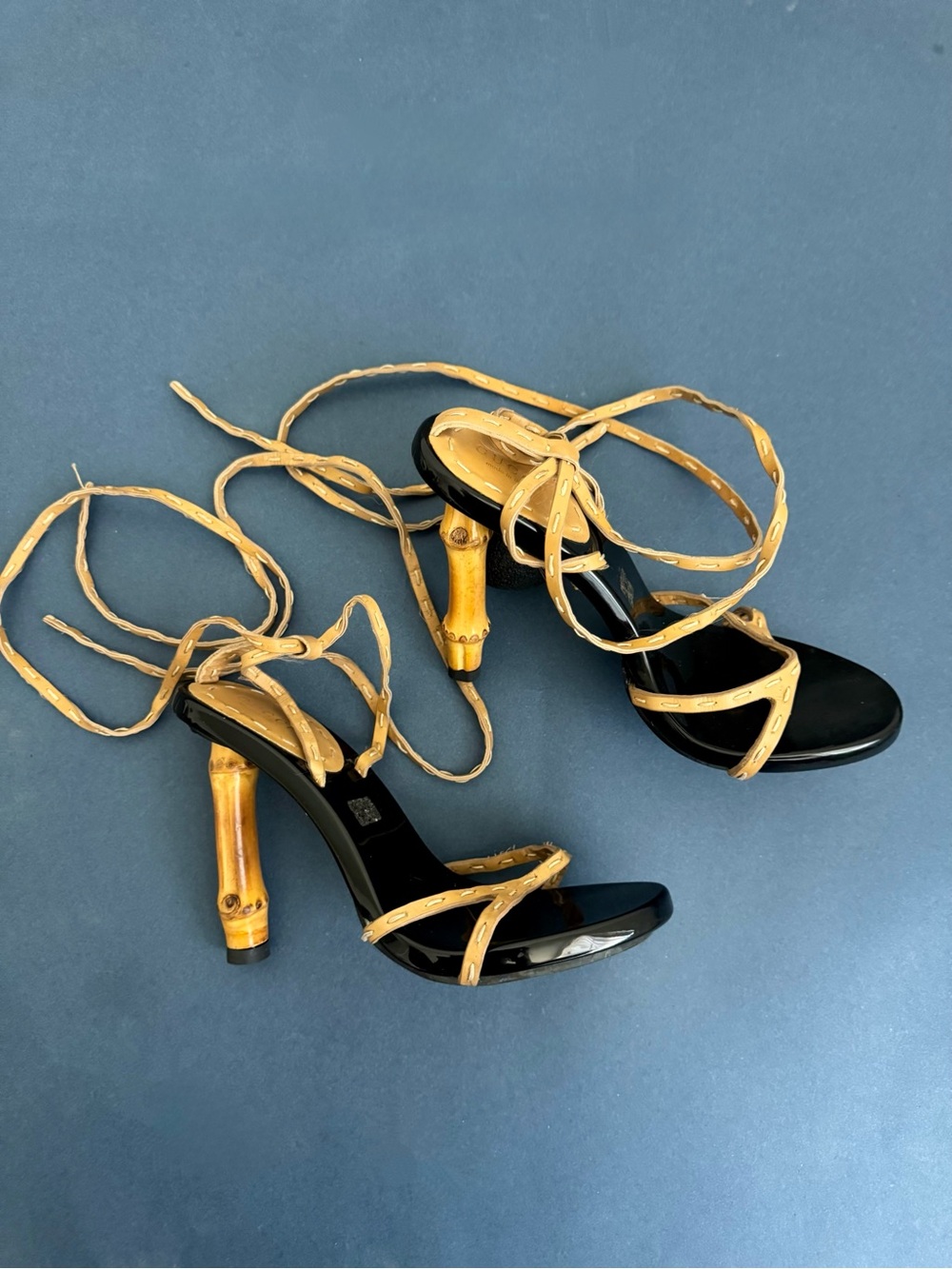 Gucci Tom Ford-Era Bamboo Heel Ankle Wrap Sandals Black & Beige